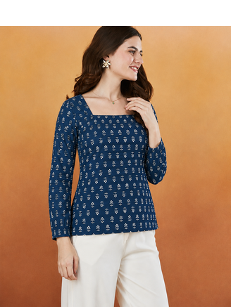 Women's rayon handprinted designer casual wear ethnic blue short kurti 3