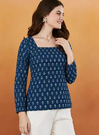 Women's rayon handprinted designer casual wear ethnic blue short kurti