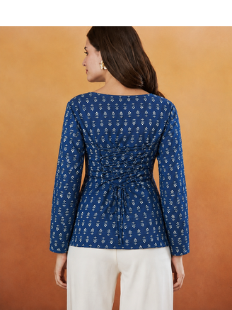 Women's rayon handprinted designer casual wear ethnic blue short kurti 4