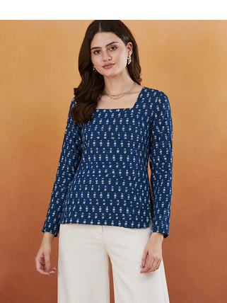 Women's rayon handprinted designer casual wear ethnic blue short kurti 5