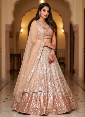 antique gold Embellished Dual Sequins Heavy  Net Lehenga Choli Set 1