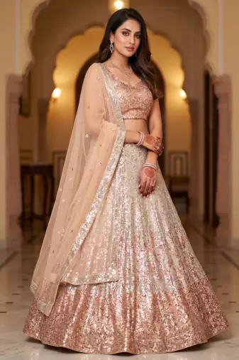 antique gold Embellished Dual Sequins Heavy  Net Lehenga Choli Set