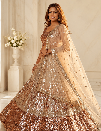 antique gold Embellished Dual Sequins Heavy  Net Lehenga Choli Set