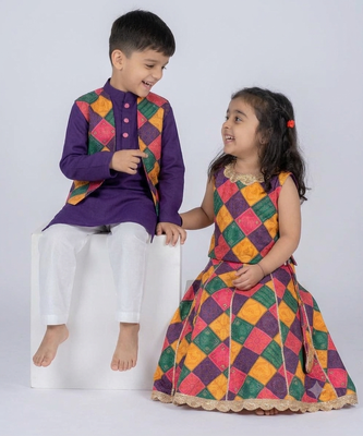 Kids multicolor embroidered cotton ethnic festive combo for boys & girls | kurta pajama with nehru jacket 1