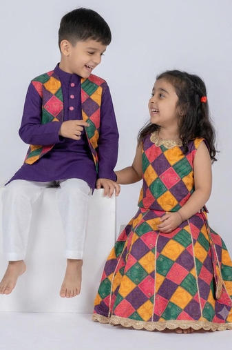 Kids multicolor embroidered cotton ethnic festive combo for boys & girls | kurta pajama with nehru jacket