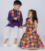 Kids multicolor embroidered cotton ethnic festive combo for boys & girls | kurta pajama with nehru jacket