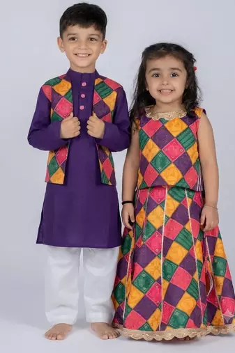 Kids multicolor embroidered cotton ethnic festive combo for boys & girls | kurta pajama with nehru jacket