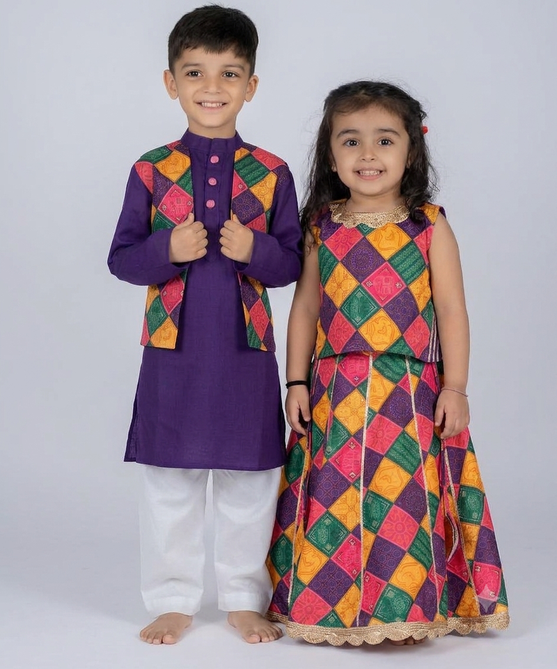 Kids multicolor embroidered cotton ethnic festive combo for boys & girls | kurta pajama with nehru jacket
