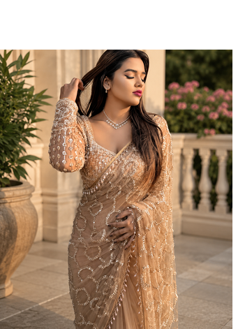 Cream Color  Beautiful sequins and Beads Embroidery Work with fancy latkan Net Saree 1