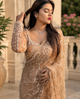 Cream Color  Beautiful sequins and Beads Embroidery Work with fancy latkan Net Saree