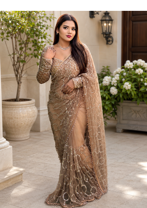 Cream Color  Beautiful sequins and Beads Embroidery Work with fancy latkan Net Saree 2