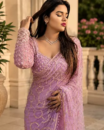 Pink Color  Beautiful sequins and Beads Embroidery Work with fancy latkan Net Saree