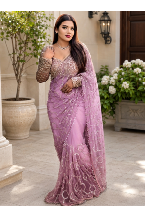Pink Color  Beautiful sequins and Beads Embroidery Work with fancy latkan Net Saree 2
