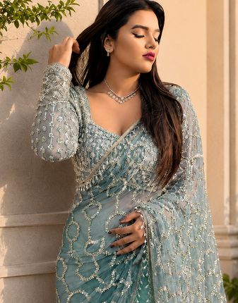 Sky Blue Color  Beautiful sequins and Beads Embroidery Work with fancy latkan Net Saree