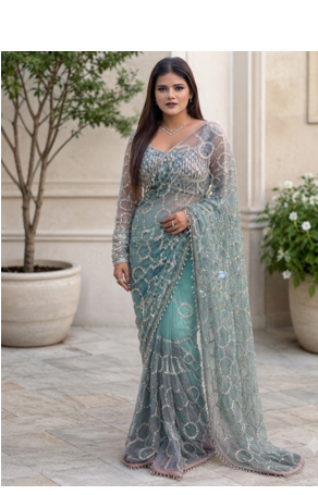 Sky Blue Color  Beautiful sequins and Beads Embroidery Work with fancy latkan Net Saree 2