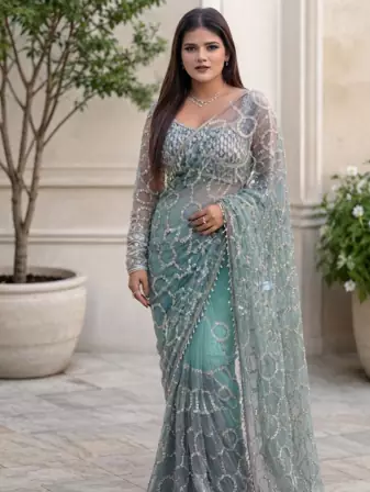 Sky Blue Color  Beautiful sequins and Beads Embroidery Work with fancy latkan Net Saree