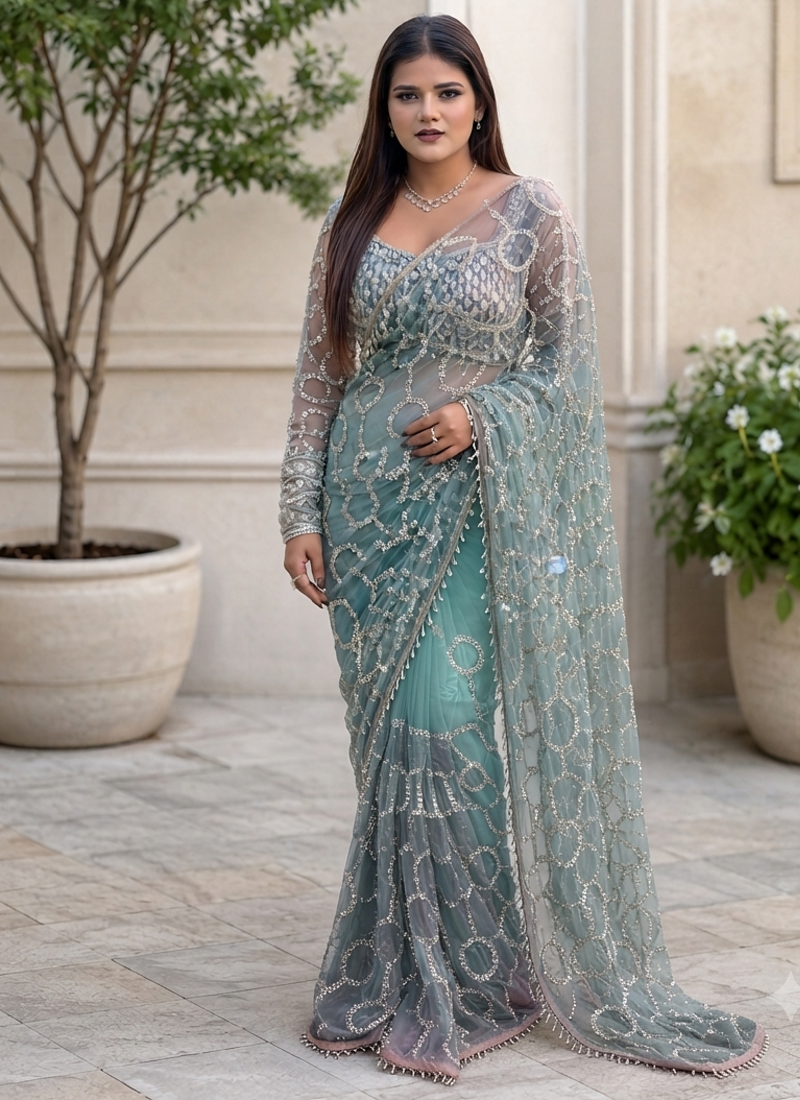 Sky Blue Color  Beautiful sequins and Beads Embroidery Work with fancy latkan Net Saree