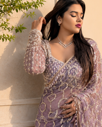 Lavender Color  Beautiful sequins and Beads Embroidery Work with fancy latkan Net Saree