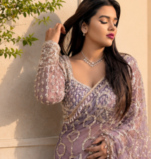 Lavender Color  Beautiful sequins and Beads Embroidery Work with fancy latkan Net Saree