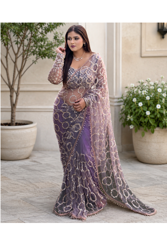 Lavender Color  Beautiful sequins and Beads Embroidery Work with fancy latkan Net Saree 2