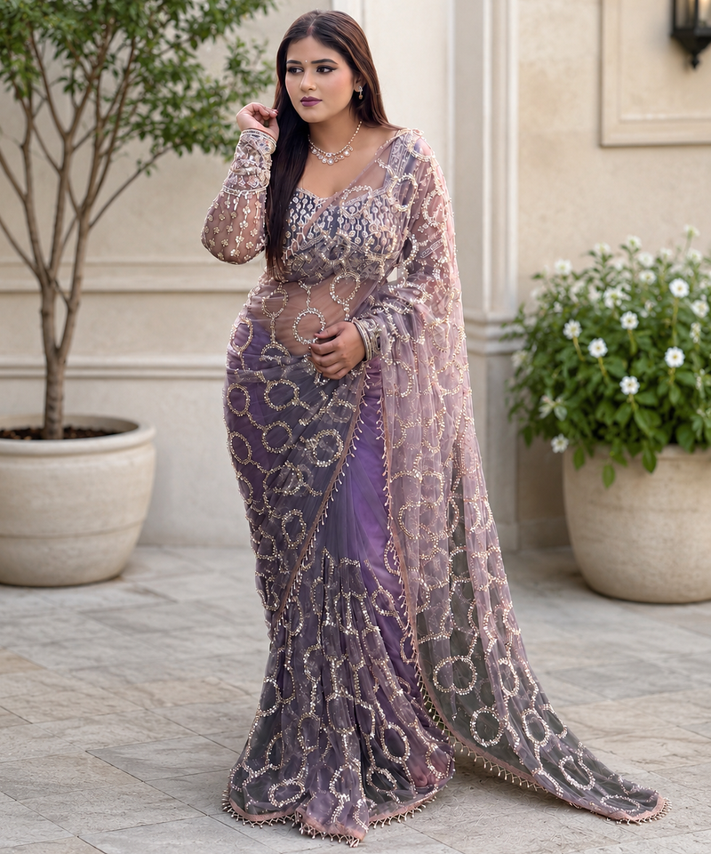 Lavender Color  Beautiful sequins and Beads Embroidery Work with fancy latkan Net Saree