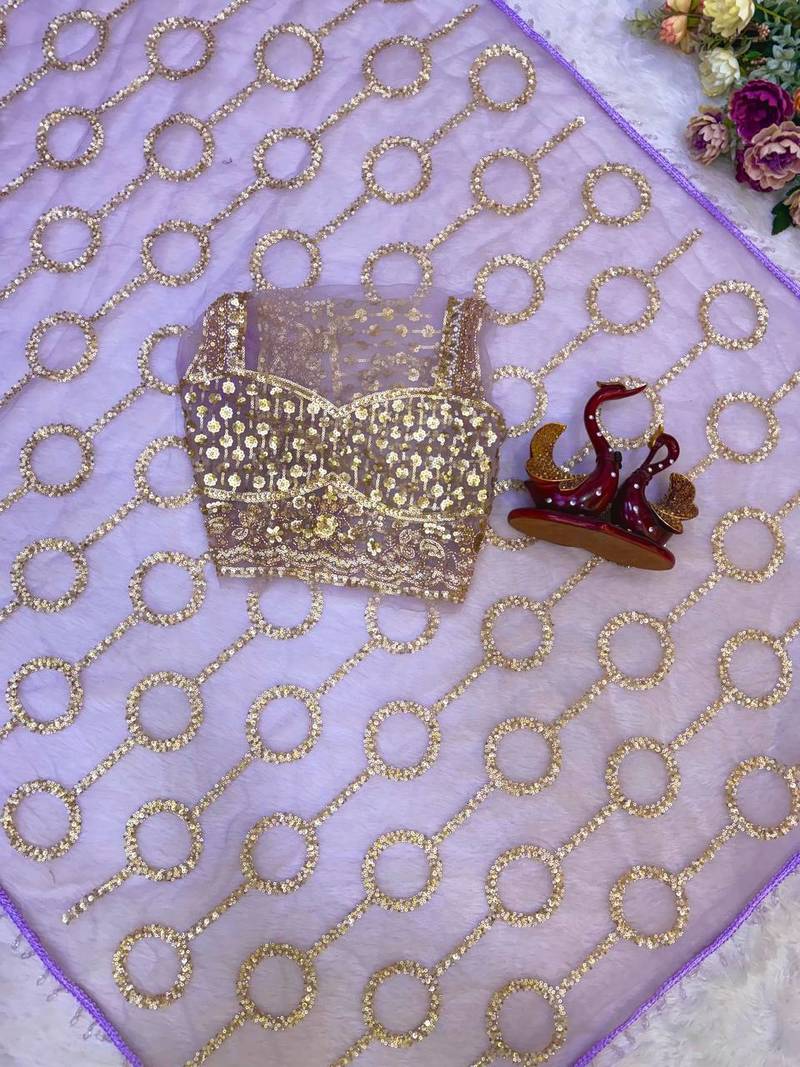 Lavender Color  Beautiful sequins and Beads Embroidery Work with fancy latkan Net Saree