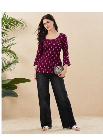 Rayon Handprinted Maroon Short Kurti  1