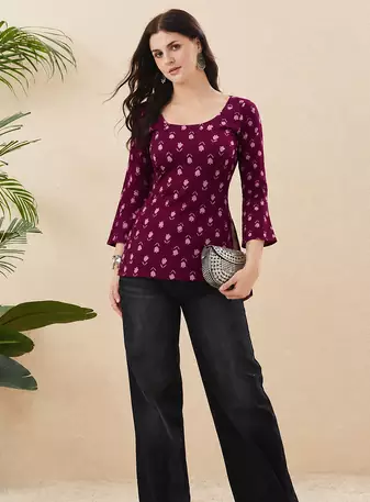 Rayon Handprinted Maroon Short Kurti 
