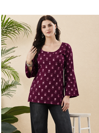 Rayon Handprinted Maroon Short Kurti  2