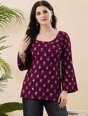 Rayon Handprinted Maroon Short Kurti 