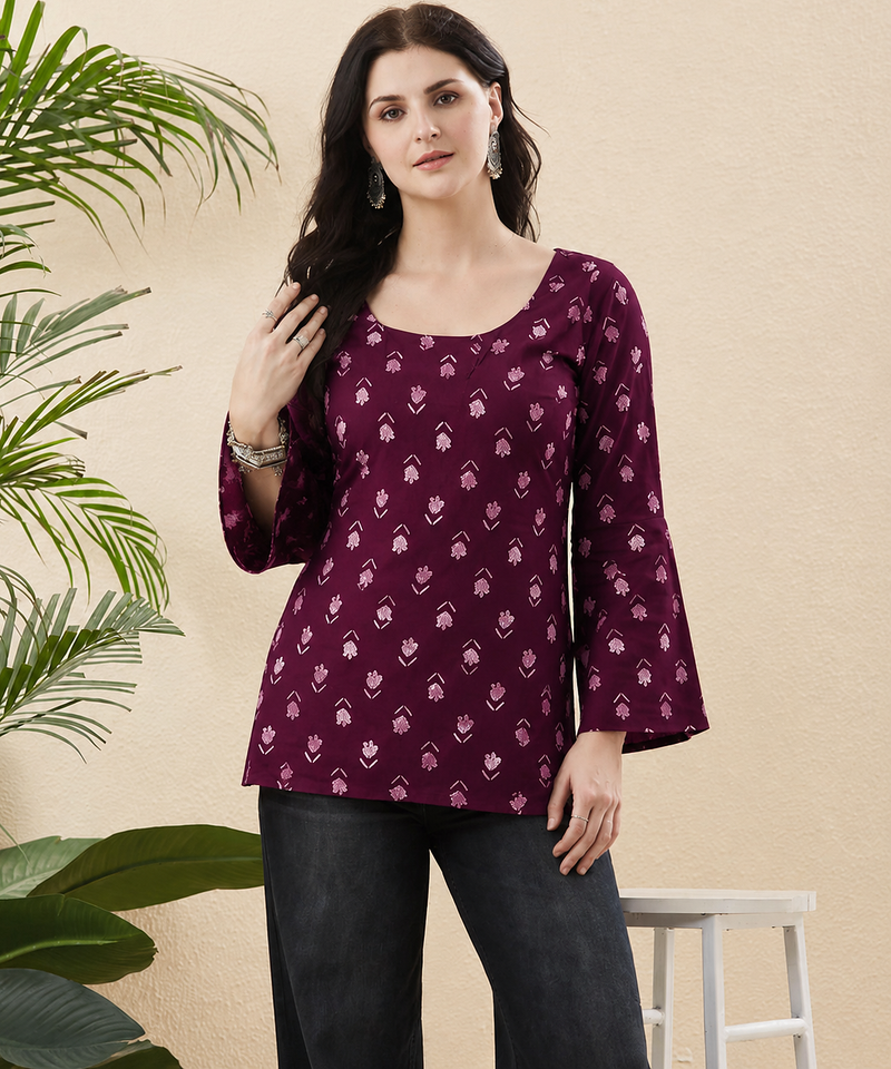 Rayon Handprinted Maroon Short Kurti 