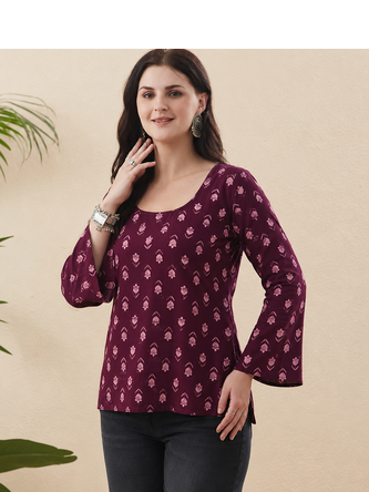 Rayon Handprinted Maroon Short Kurti  3