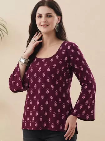 Rayon Handprinted Maroon Short Kurti 