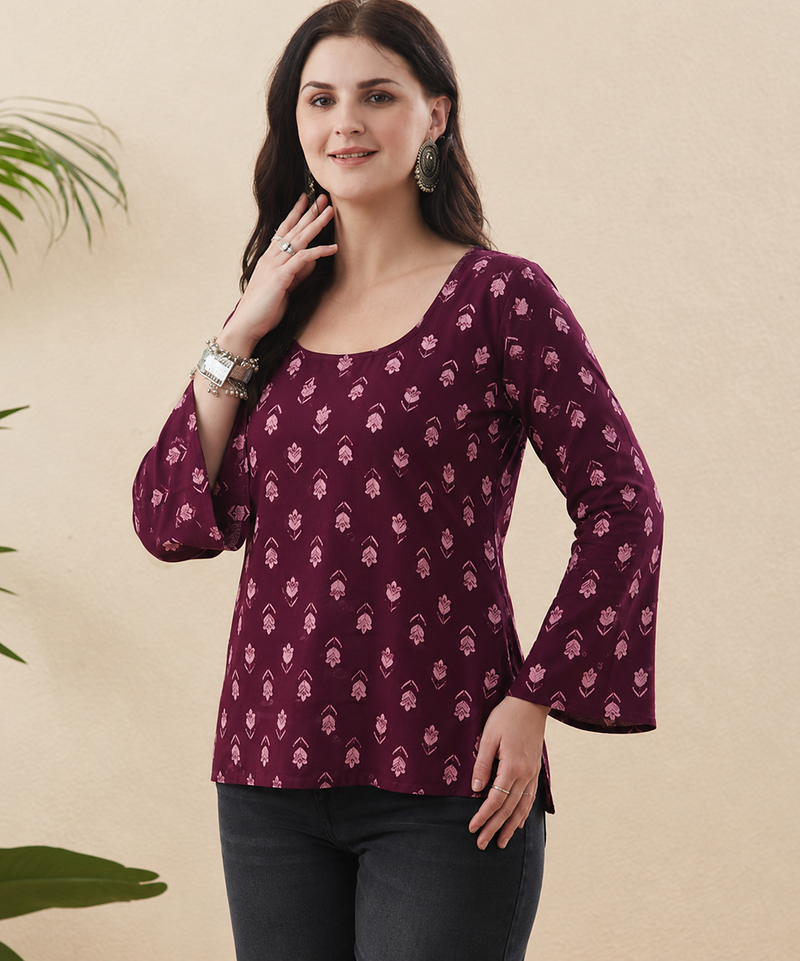 Rayon Handprinted Maroon Short Kurti 