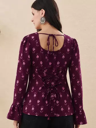 Rayon Handprinted Maroon Short Kurti 