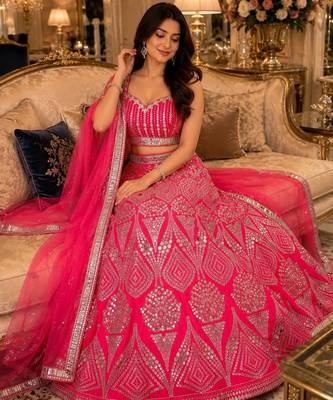 Rani Pink color Embellished Coding Work Foil Sequins Work Real Mirror Work Satin silk bland Lehenga Choli Set 1