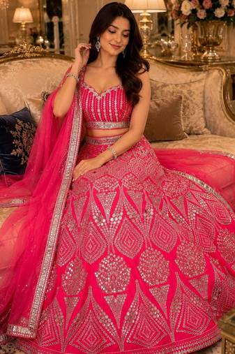 Rani Pink color Embellished Coding Work Foil Sequins Work Real Mirror Work Satin silk bland Lehenga Choli Set