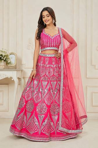 Rani Pink color Embellished Coding Work Foil Sequins Work Real Mirror Work Satin silk bland Lehenga Choli Set