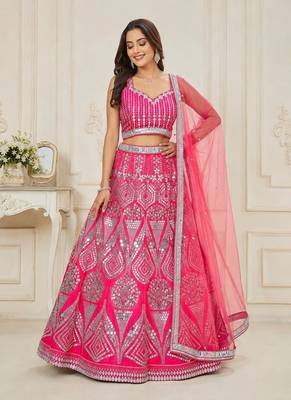Rani Pink color Embellished Coding Work Foil Sequins Work Real Mirror Work Satin silk bland Lehenga Choli Set 1