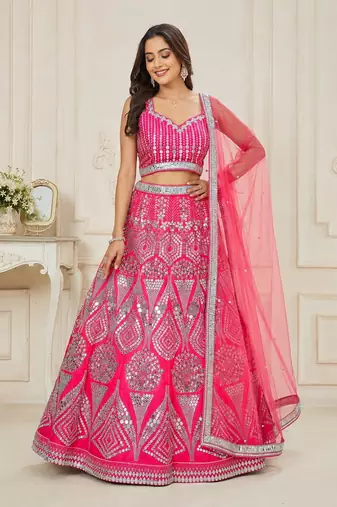 Rani Pink color Embellished Coding Work Foil Sequins Work Real Mirror Work Satin silk bland Lehenga Choli Set