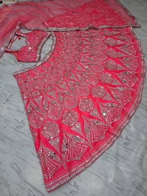 Rani Pink color Embellished Coding Work Foil Sequins Work Real Mirror Work Satin silk bland Lehenga Choli Set 2