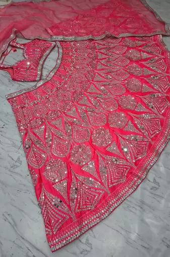 Rani Pink color Embellished Coding Work Foil Sequins Work Real Mirror Work Satin silk bland Lehenga Choli Set