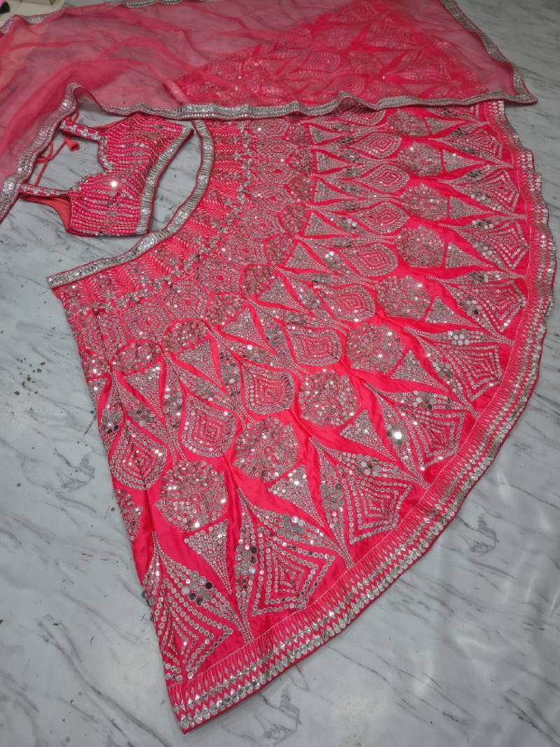 Rani Pink color Embellished Coding Work Foil Sequins Work Real Mirror Work Satin silk bland Lehenga Choli Set