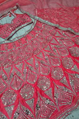 Rani Pink color Embellished Coding Work Foil Sequins Work Real Mirror Work Satin silk bland Lehenga Choli Set