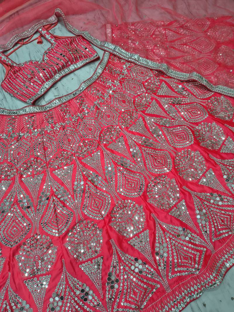 Rani Pink color Embellished Coding Work Foil Sequins Work Real Mirror Work Satin silk bland Lehenga Choli Set