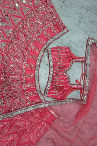 Rani Pink color Embellished Coding Work Foil Sequins Work Real Mirror Work Satin silk bland Lehenga Choli Set