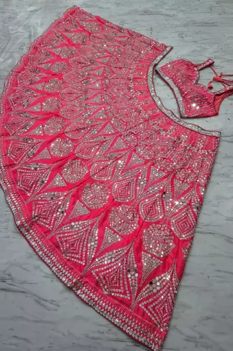Rani Pink color Embellished Coding Work Foil Sequins Work Real Mirror Work Satin silk bland Lehenga Choli Set