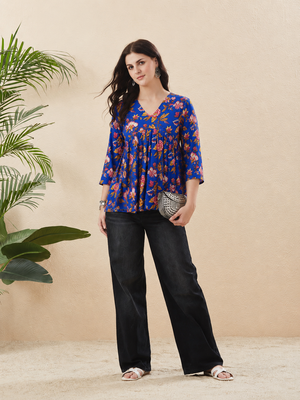 Rayon Floral Handprinted Blue Short Kurti 1