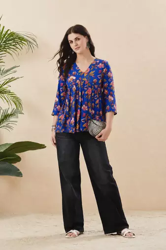 Rayon Floral Handprinted Blue Short Kurti