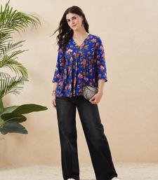 Rayon Floral Handprinted Blue Short Kurti